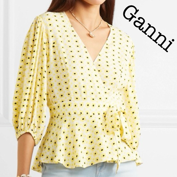 Ganni Yellow Floral Wrap Top